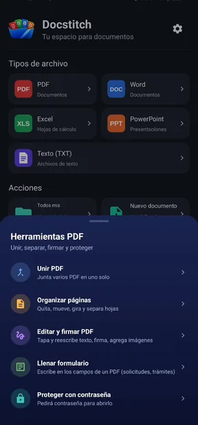 Men&uacute; de herramientas de PDF